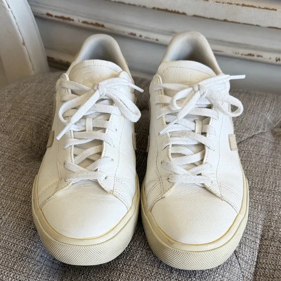 Veja White Leather Sneakers with Beige Suede V Detail - Picture 3 of 6